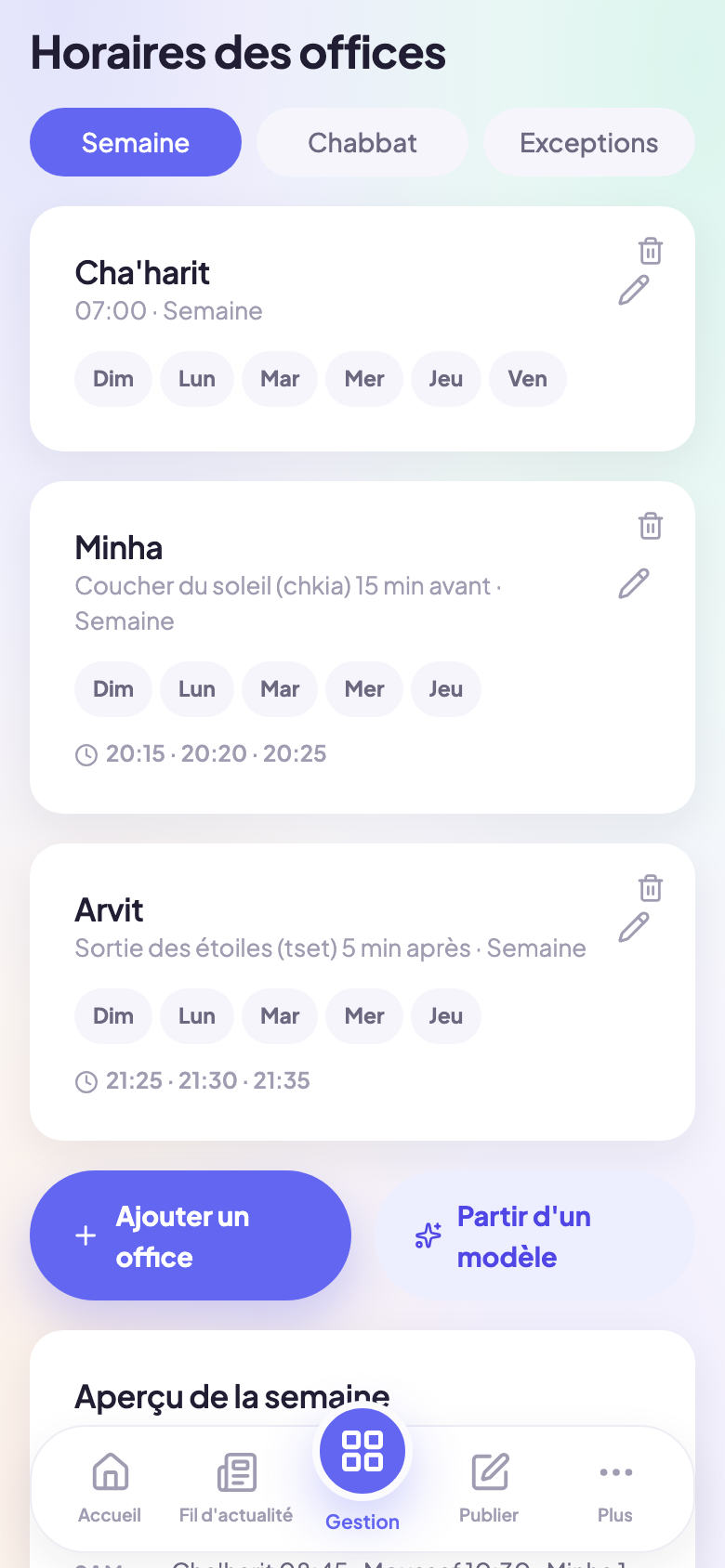Éditeur d'horaires : règles fixes ou relatives aux zmanim, aperçu de la semaine