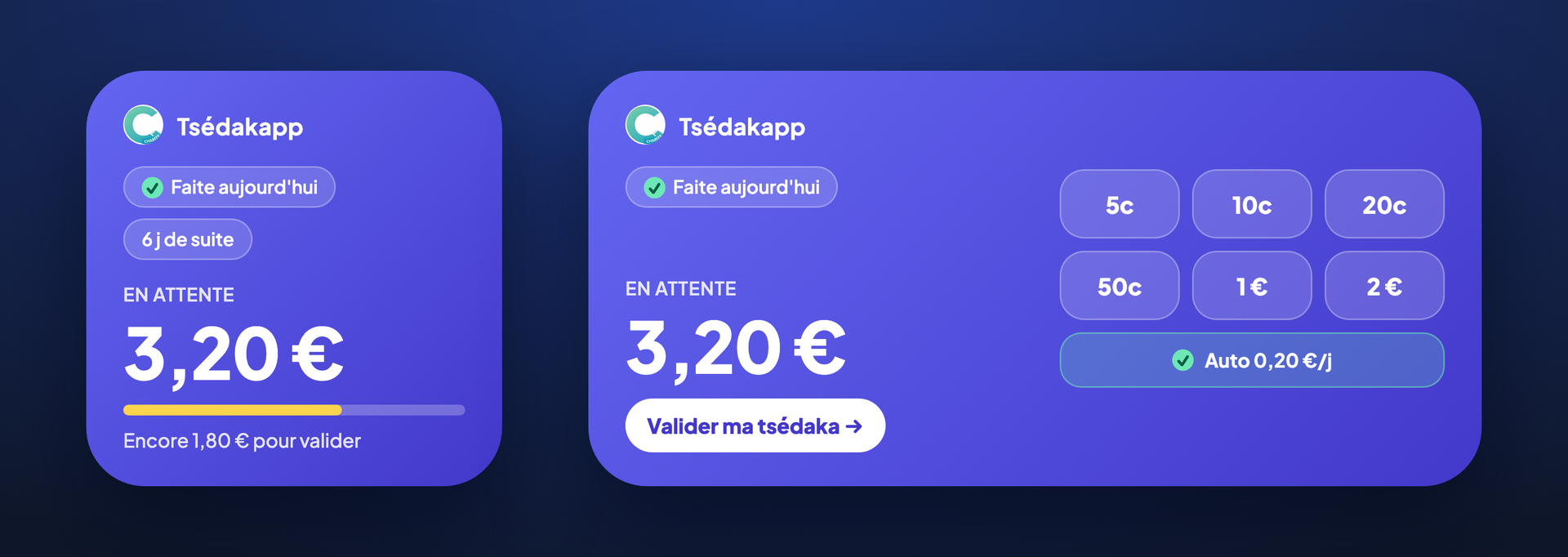 Widget Tsédakapp sur l'écran d'accueil : montant en attente, série de jours, pièces de 5 centimes à 2 euros et bascule automatique